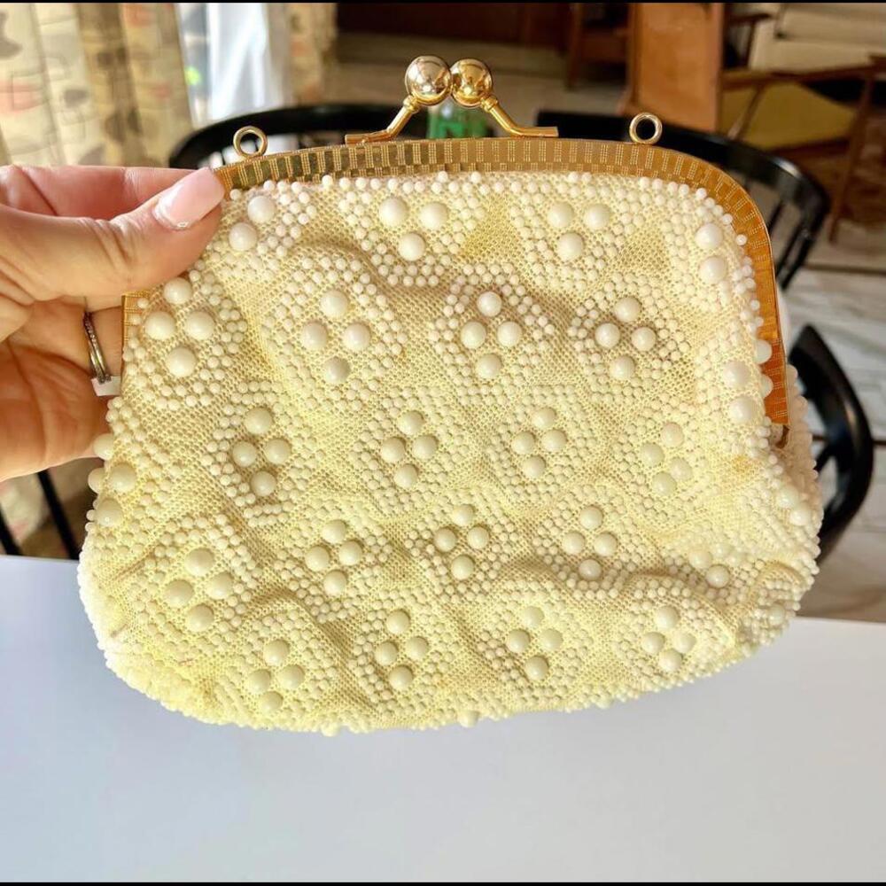 Vintage Ivory Beaded Bag 1960s Candy dot pattern
